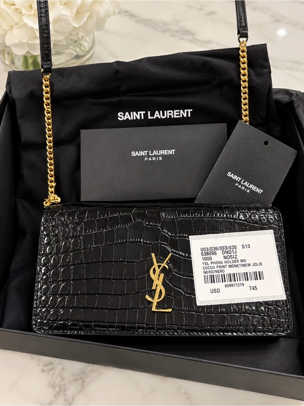 Saint Laurent Black Croc-Embossed Chain Crossbody with Gold Hardware *Authentic*